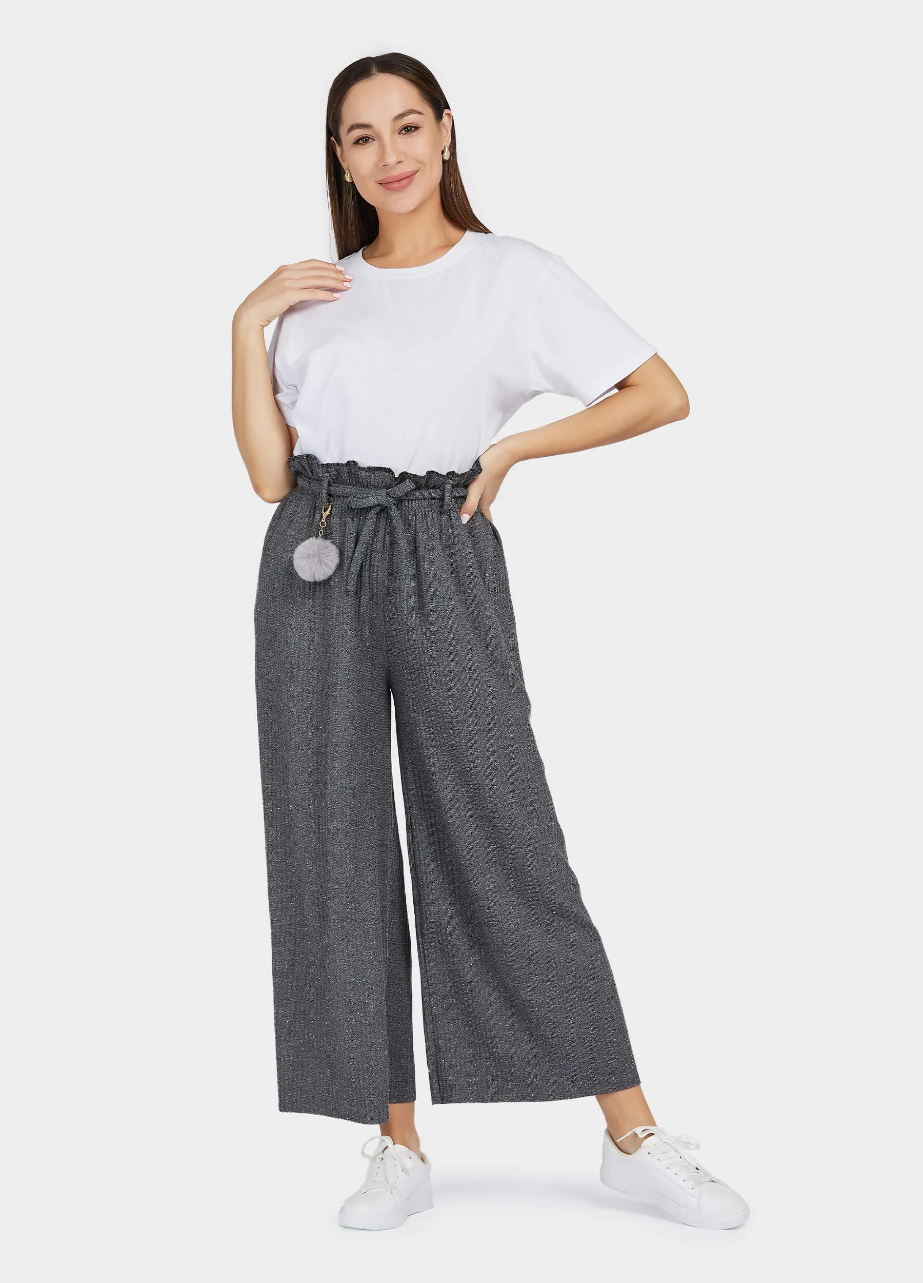 MECALA Women's Elastic High Waisted Wide Leg Pants Ruffle Trims Belted Casual Trousers