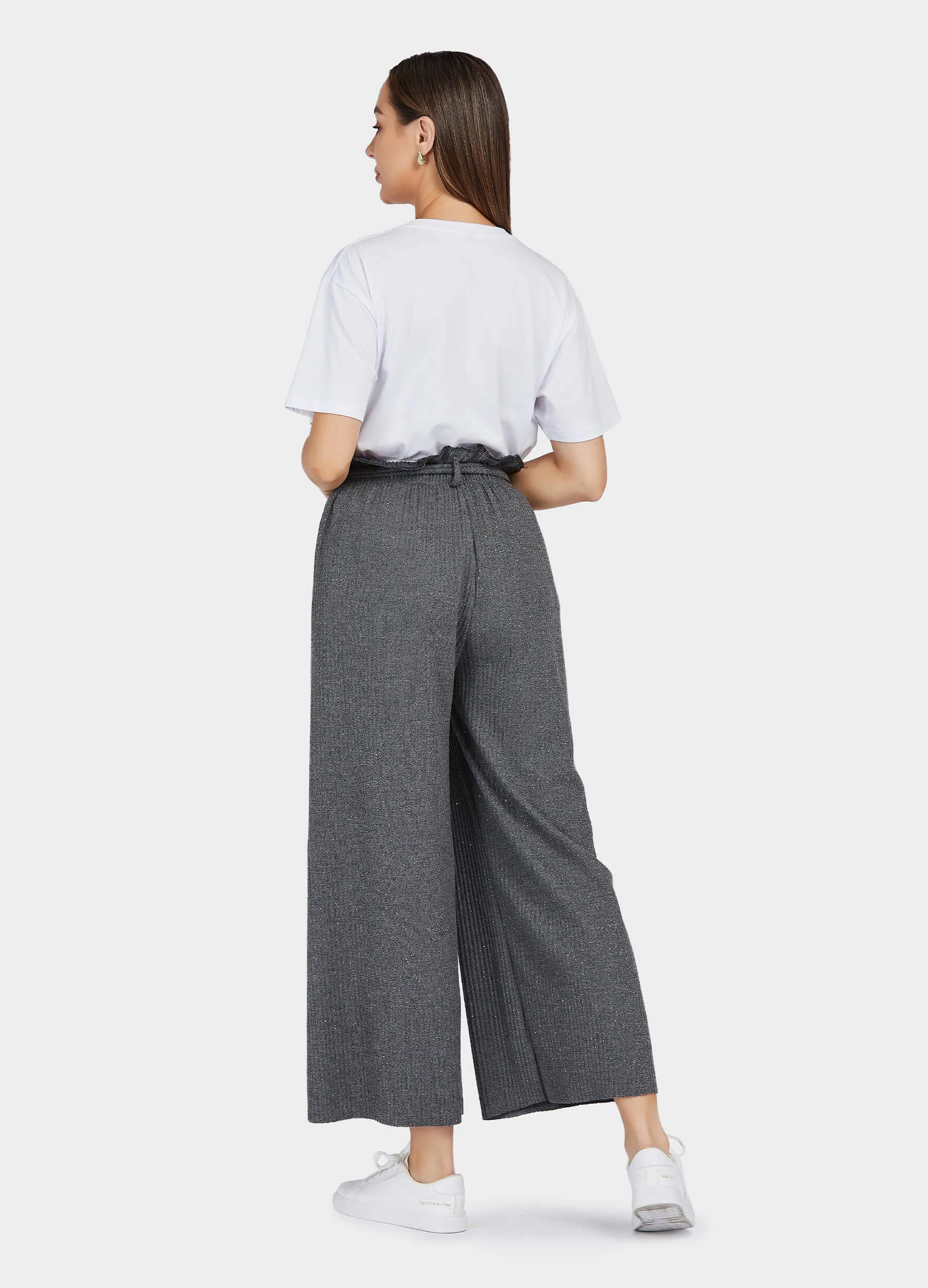 MECALA Women's Elastic High Waisted Wide Leg Pants Ruffle Trims Belted Casual Trousers