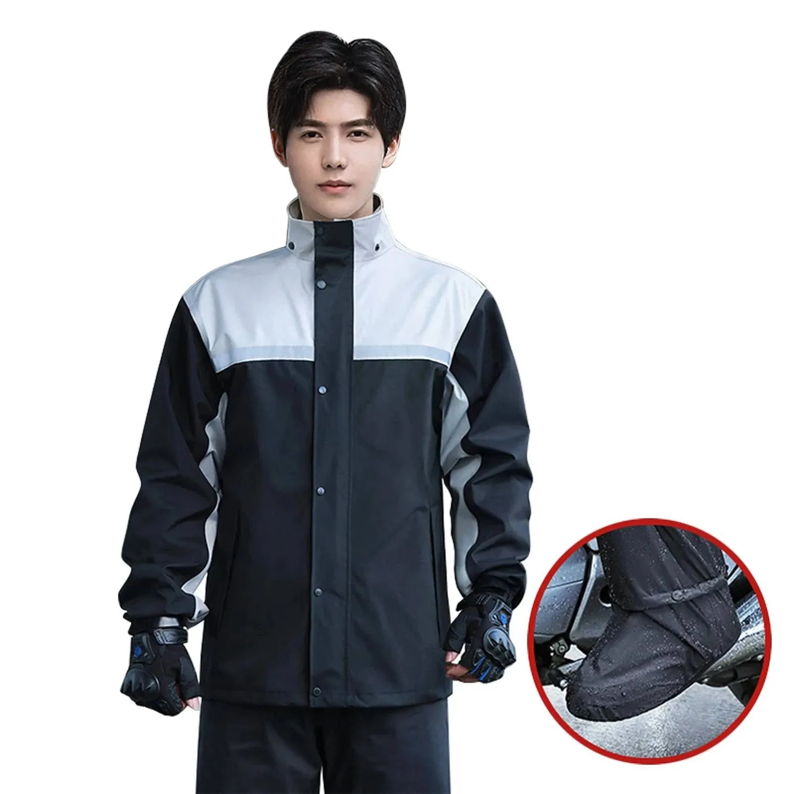 Men Motorcycle Rain Gear Outdoor Reflective Waterproof Rain Jacket Pants and Rain Shoe Cover Rain Suit for Cycling Hiking