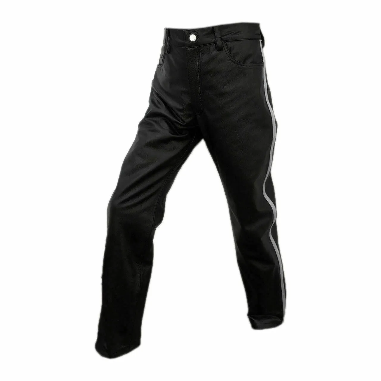 Mens Biker Jeans Black Leather One Panel Police Style Pants – (J2–WHT)