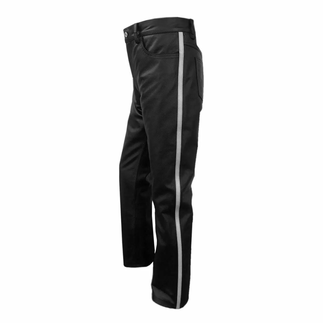 Mens Biker Jeans Black Leather One Panel Police Style Pants – (J2–WHT)