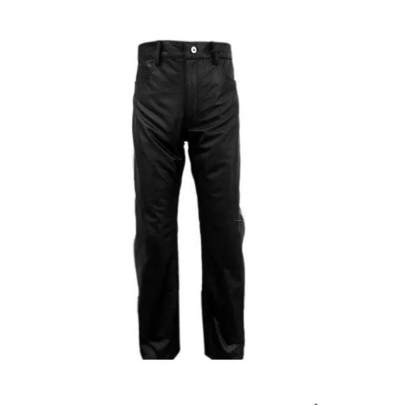 Mens Biker Jeans Black Leather One Panel Police Style Pants – (J2–WHT)