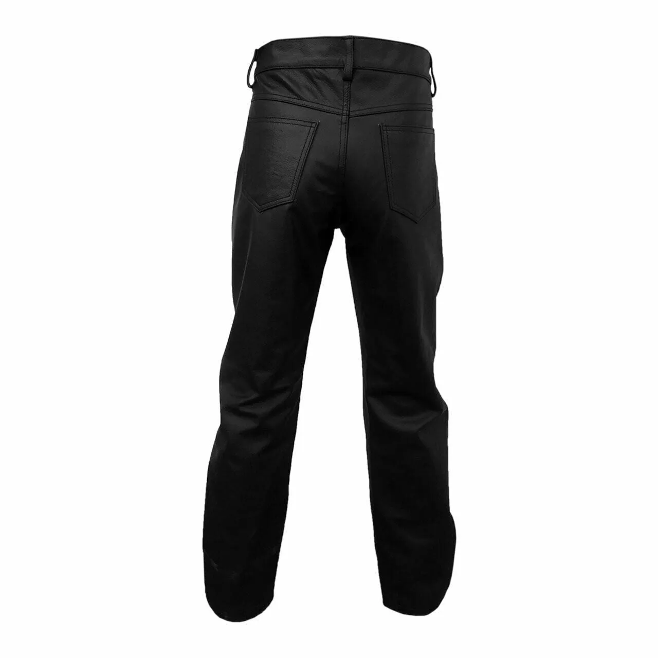 Mens Biker Jeans Black Leather One Panel Police Style Pants – (J2–WHT)