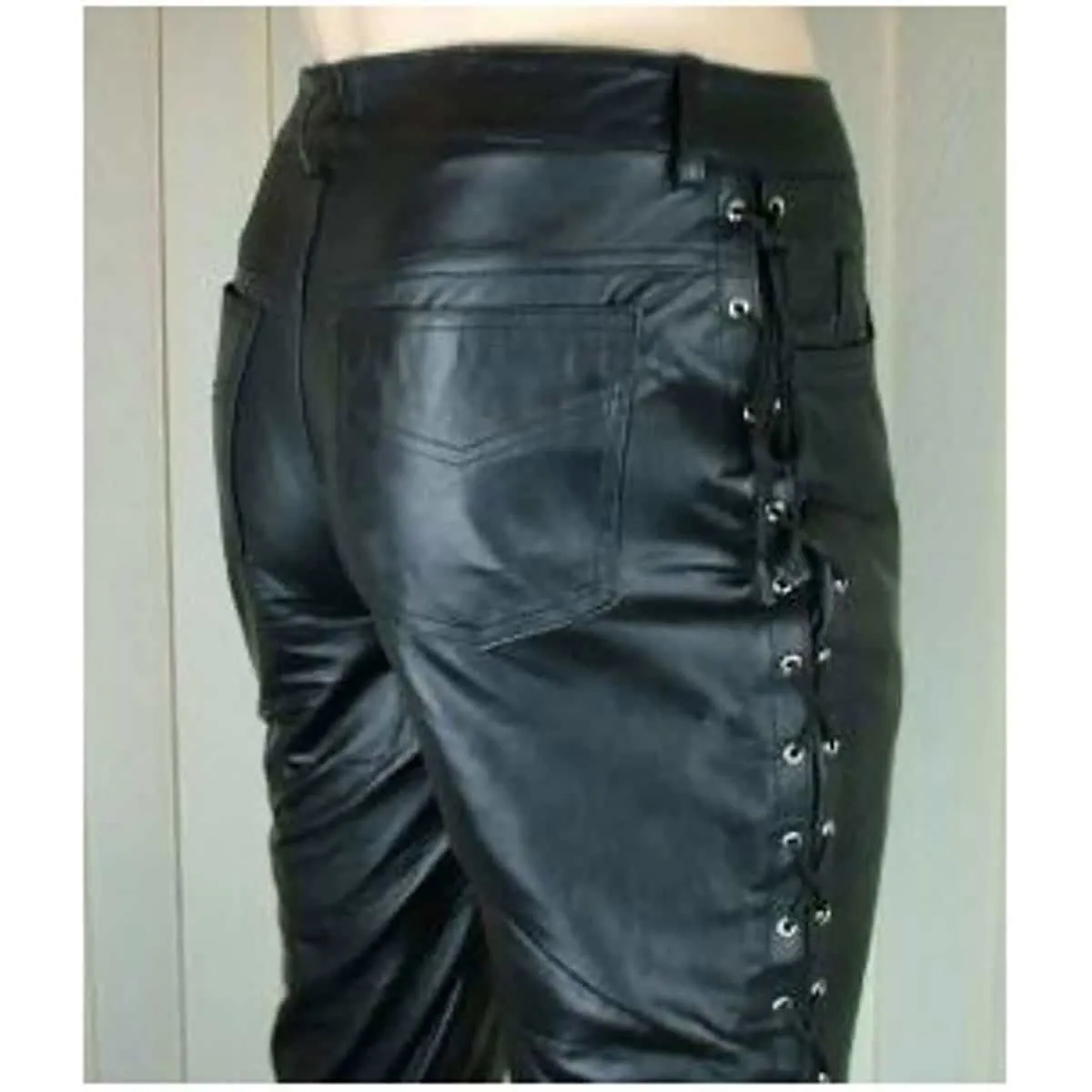 Mens Black Leather Biker Pants Side Laced Jeans Trouser - Slj-Blk