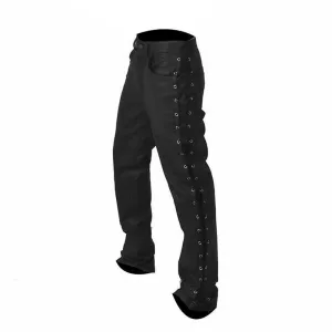 Mens Black Leather Biker Pants Side Laced Jeans Trouser - Slj-Blk