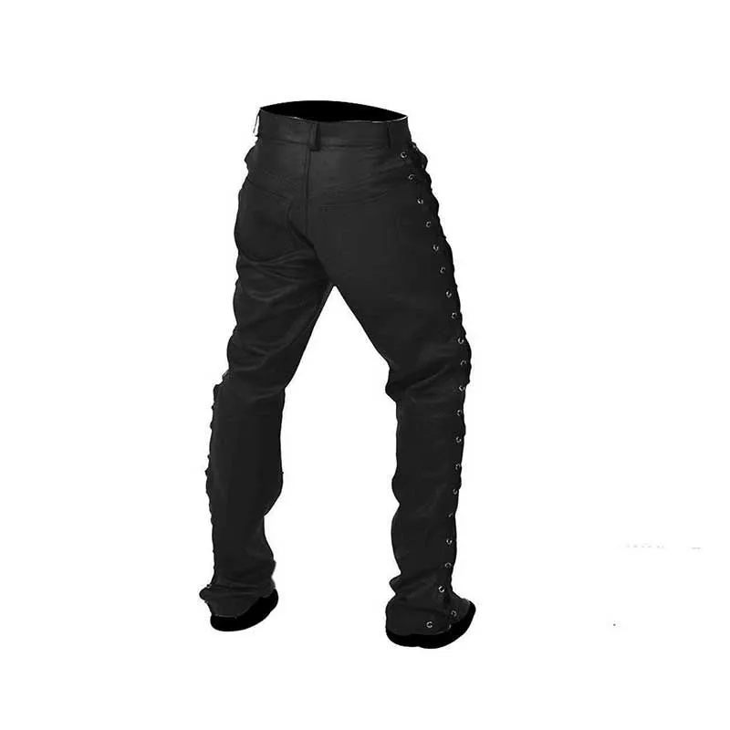 Mens Black Leather Biker Pants Side Laced Jeans Trouser - Slj-Blk