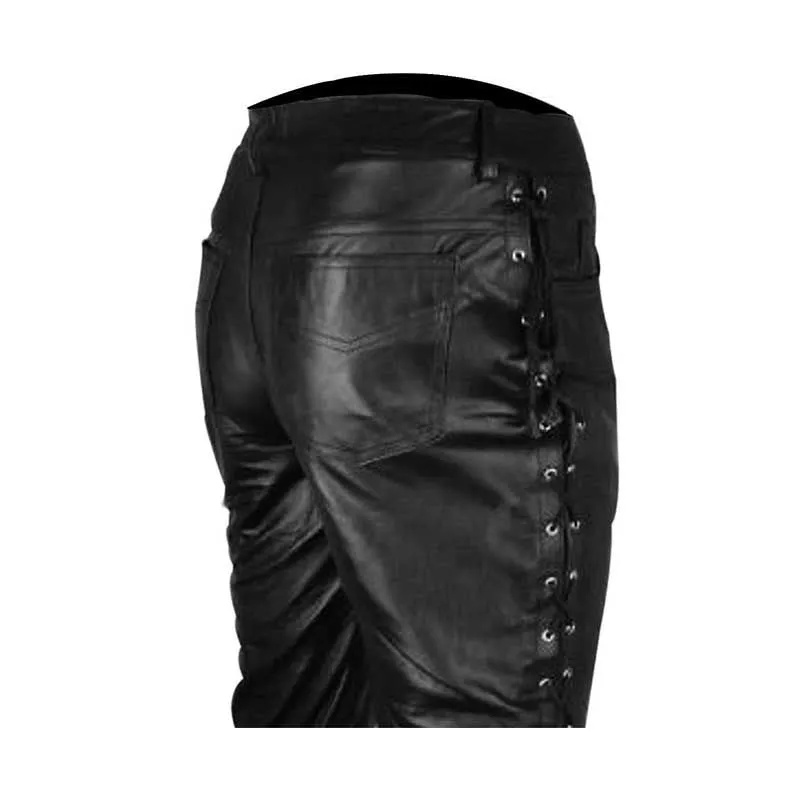 Mens Black Leather Biker Pants Side Laced Jeans Trouser - Slj-Blk