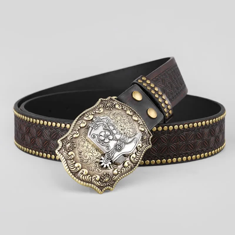 Men's Cowboy Shoes Studded Decor Leather Belt