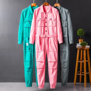 Men's Fashion Casual Long Sleeve Jumpsuits Button-Front Work Coverall with Multi Pockets