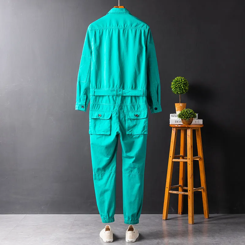 Men's Fashion Casual Long Sleeve Jumpsuits Button-Front Work Coverall with Multi Pockets