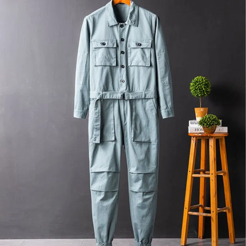 Men's Fashion Casual Long Sleeve Jumpsuits Button-Front Work Coverall with Multi Pockets