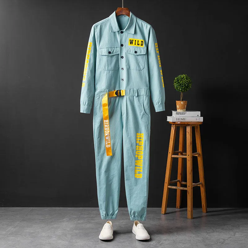 Men's Fashion Casual Long Sleeve Jumpsuits Cotton Button Down One Piece Coverall Tracksuits with Pockets