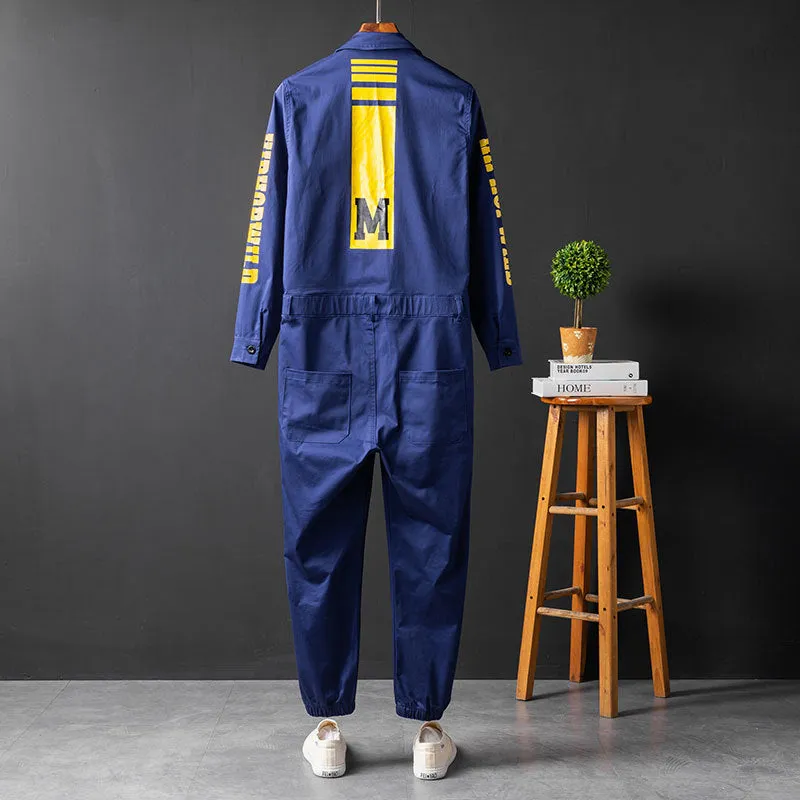 Men's Fashion Casual Long Sleeve Jumpsuits Cotton Button Down One Piece Coverall Tracksuits with Pockets