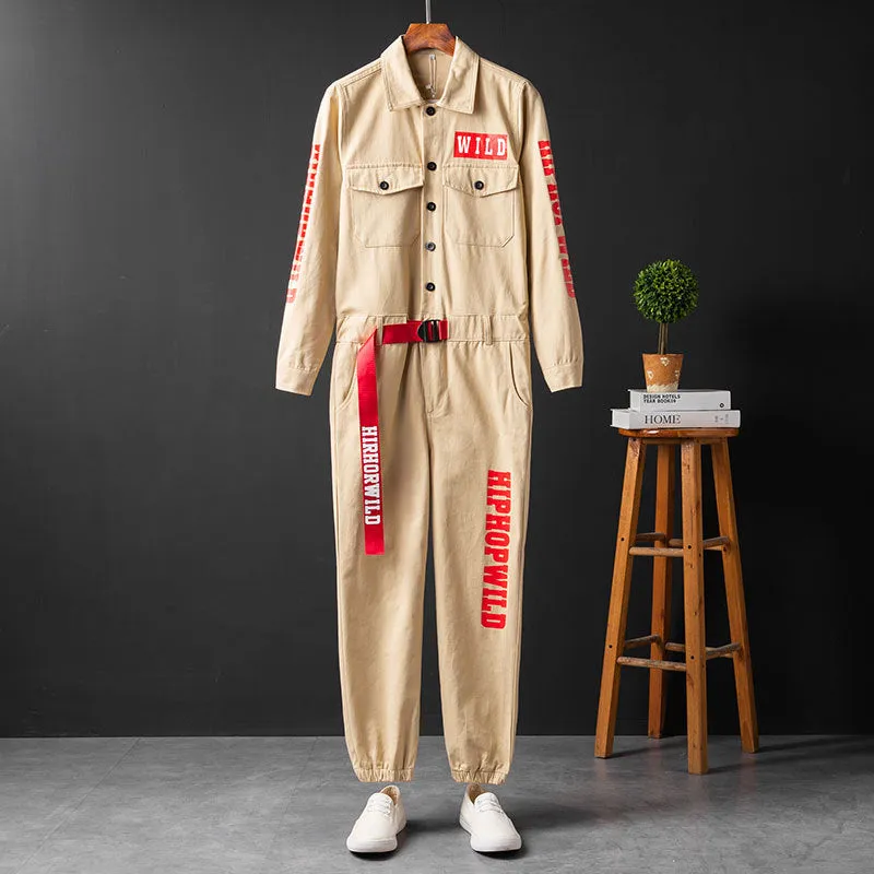 Men's Fashion Casual Long Sleeve Jumpsuits Cotton Button Down One Piece Coverall Tracksuits with Pockets