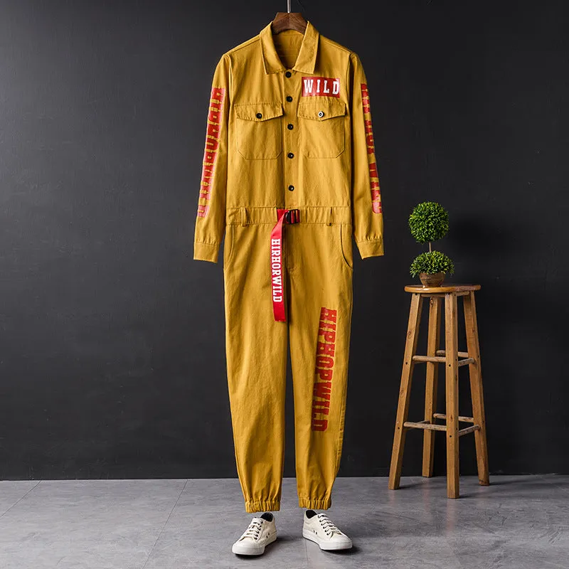 Men's Fashion Casual Long Sleeve Jumpsuits Cotton Button Down One Piece Coverall Tracksuits with Pockets