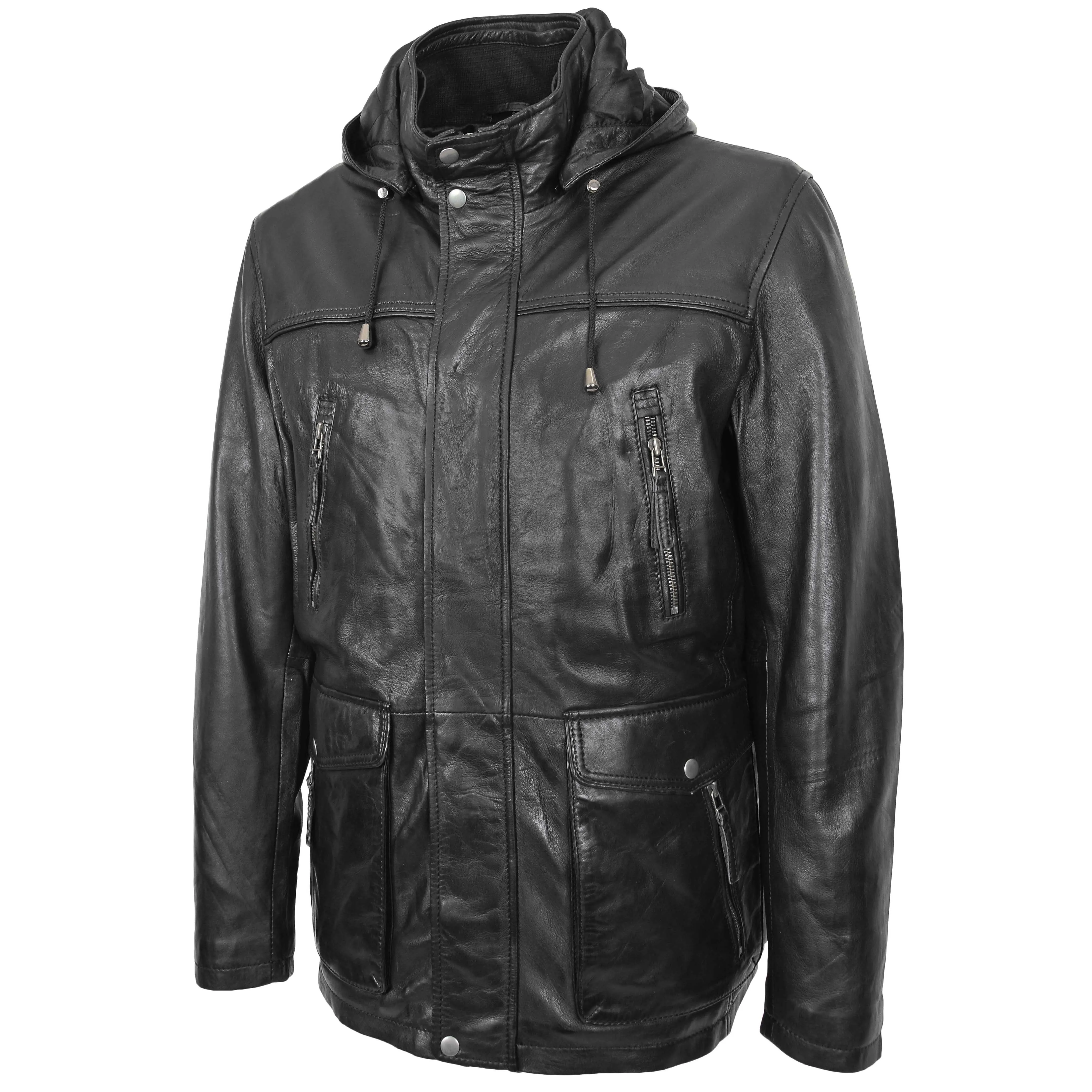 Mens Leather Parka Detachable Hoodie Logan Black