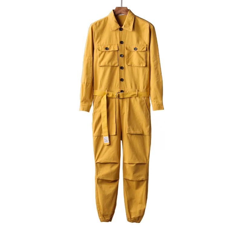 Men's Vintage Casual Long Sleeve Jumpsuits Button-Front Work Coverall with Multi Pockets