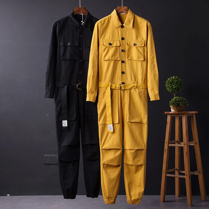 Men's Vintage Casual Long Sleeve Jumpsuits Button-Front Work Coverall with Multi Pockets