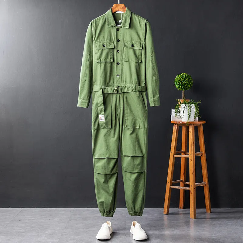 Men's Vintage Casual Long Sleeve Jumpsuits Button-Front Work Coverall with Multi Pockets