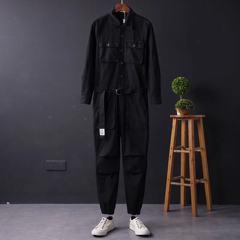 Men's Vintage Casual Long Sleeve Jumpsuits Button-Front Work Coverall with Multi Pockets