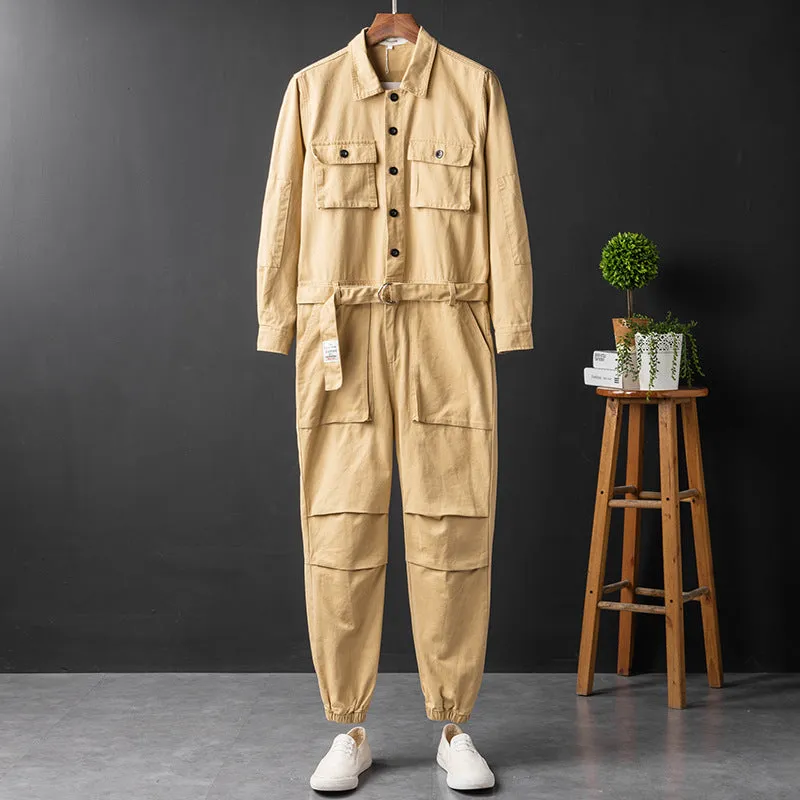 Men's Vintage Casual Long Sleeve Jumpsuits Button-Front Work Coverall with Multi Pockets