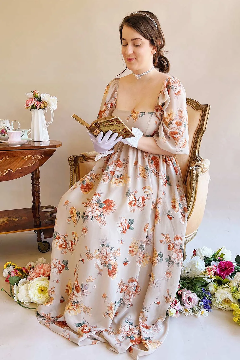 Merav | Taupe Empire Waist Floral Maxi Dress