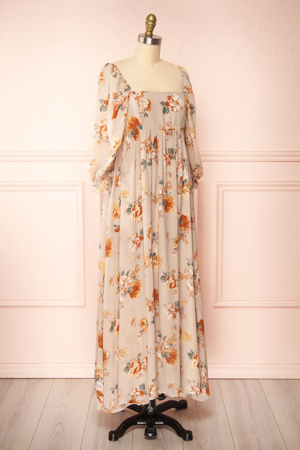 Merav | Taupe Empire Waist Floral Maxi Dress