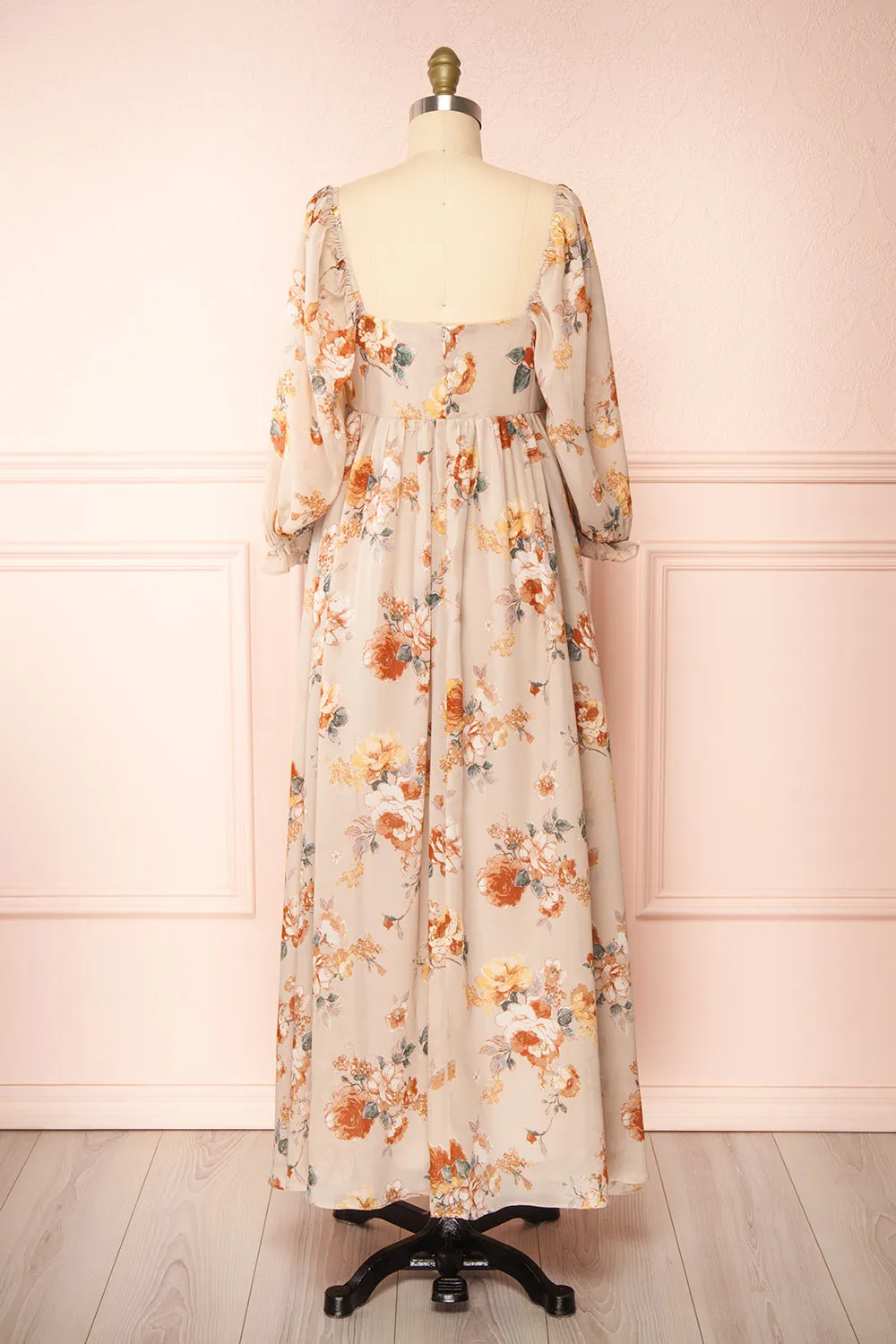 Merav | Taupe Empire Waist Floral Maxi Dress