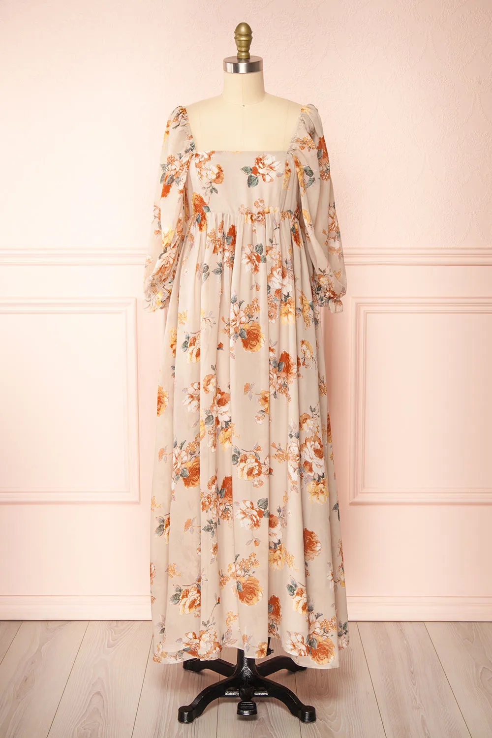 Merav | Taupe Empire Waist Floral Maxi Dress