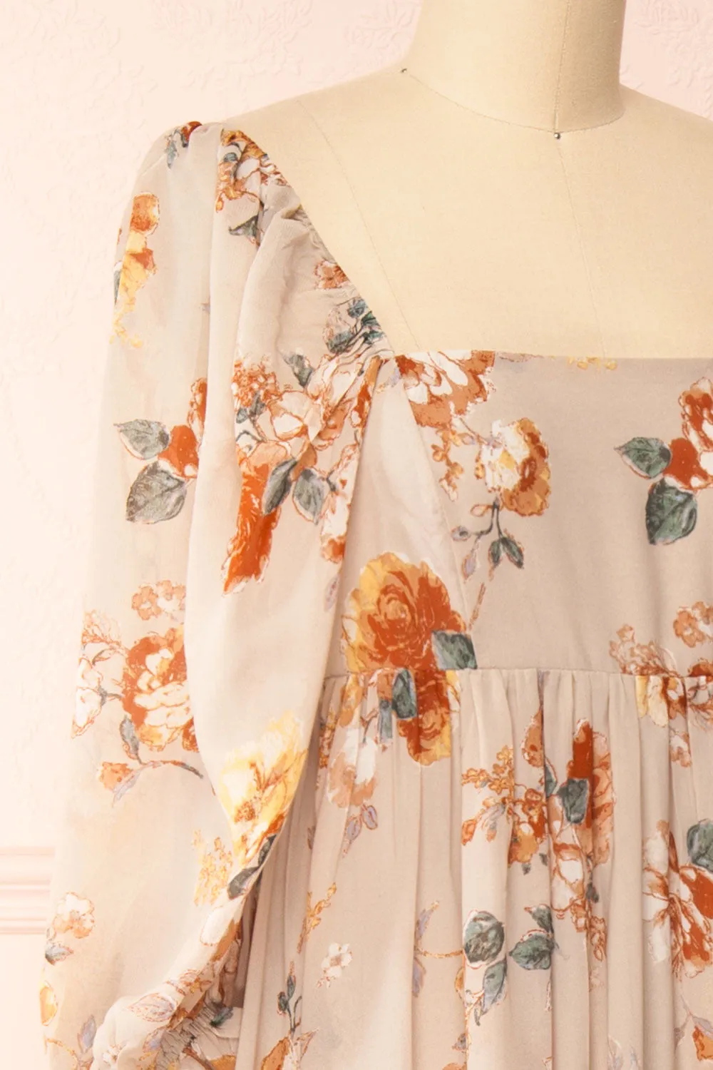 Merav | Taupe Empire Waist Floral Maxi Dress