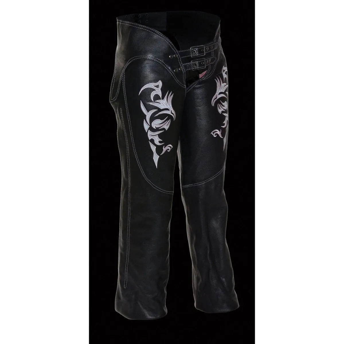 Milwaukee Leather Chaps for Women Black and Pink Low-Rise Waist- Double Buckle Reflective Embroidery Motorcycle Chap- ML1187