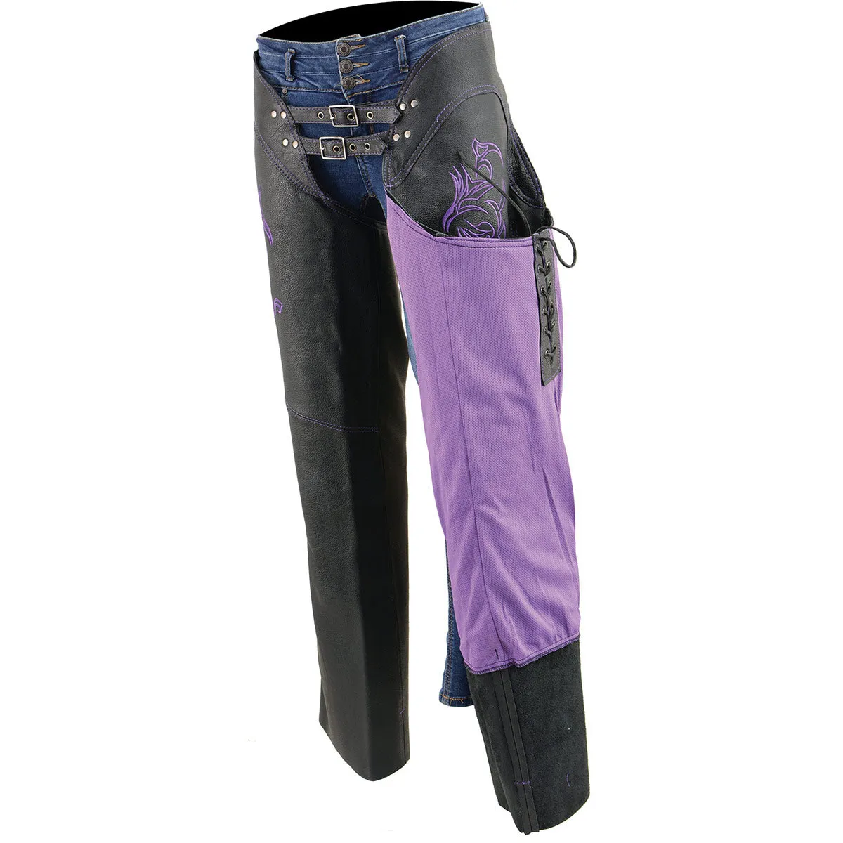 Milwaukee Leather Chaps for Women Black and Purple Low-Rise Waist- Double Buckle Reflective Embroidery Motorcycle Chap- ML1187