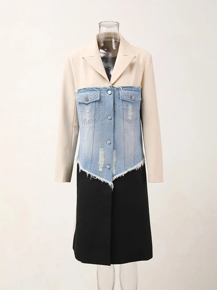 New! Denim Elegance Beige Long Coat for Women