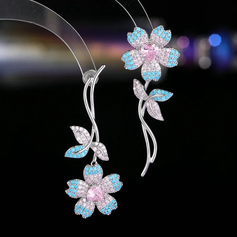 New fashionable zircon cherry blossom catwalk dress earrings creative design light luxury high-end asymmetric flower earrings