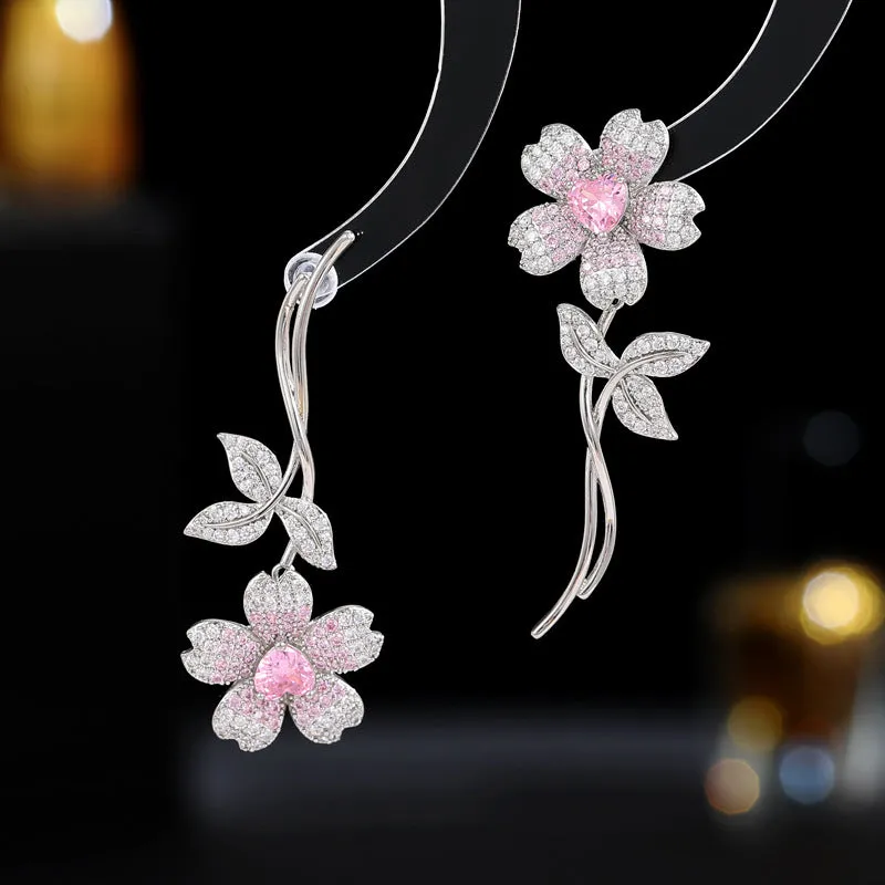 New fashionable zircon cherry blossom catwalk dress earrings creative design light luxury high-end asymmetric flower earrings