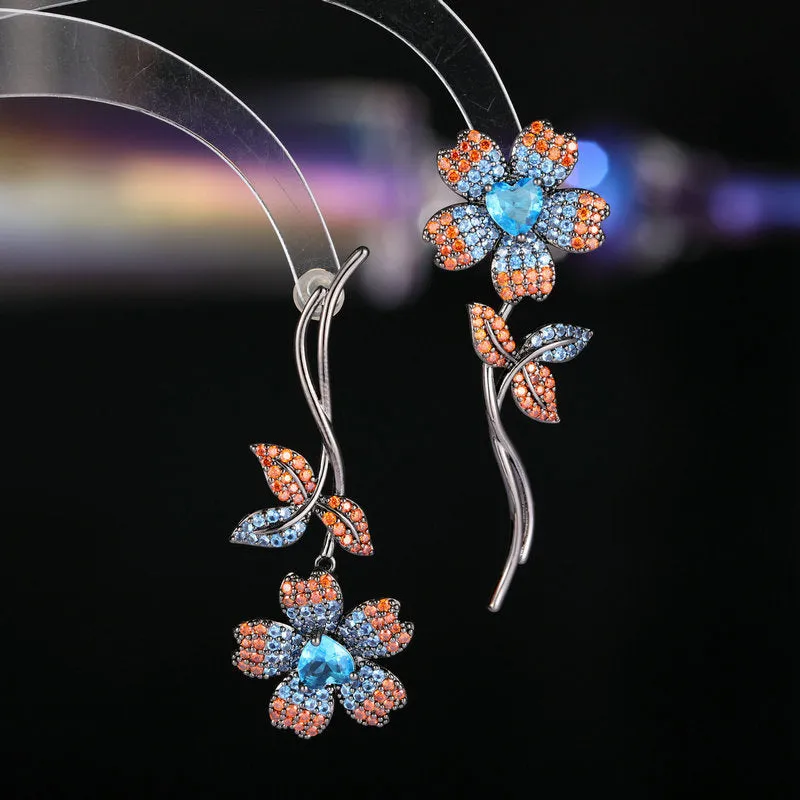 New fashionable zircon cherry blossom catwalk dress earrings creative design light luxury high-end asymmetric flower earrings