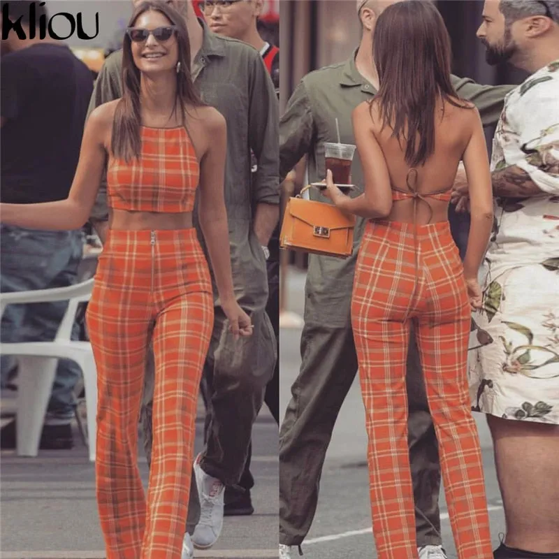 Orange Plaid Sexy Sleeveless Pants Set