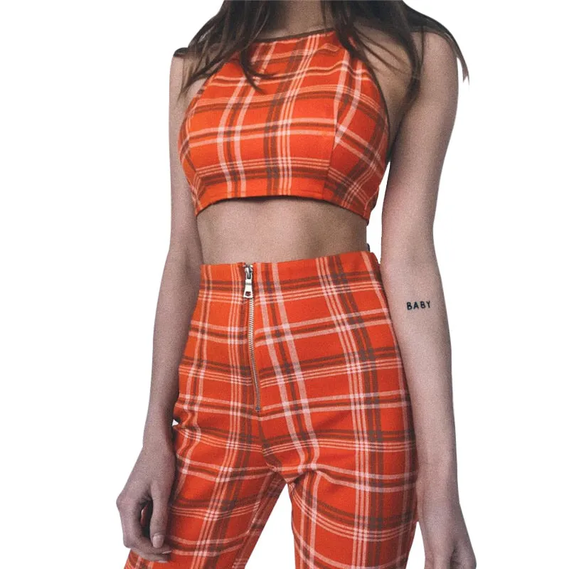 Orange Plaid Sexy Sleeveless Pants Set