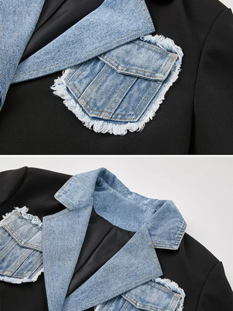 Patchwork Denim Jackets For Women Notched Collar Long Sleeve Slim Temperament Blazer Female Fashion Clothing