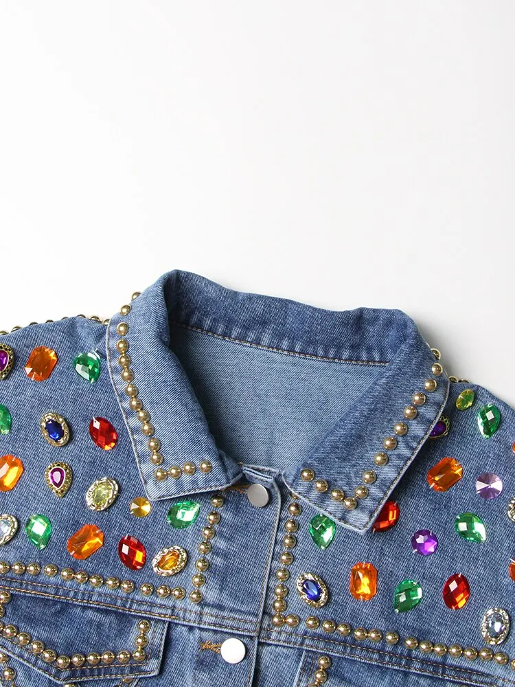 Patchwork Hit Color Diamond  Denim Jackets For Women Lapel Long Sleeve Hollow Out All Season Jacket Female Fashion