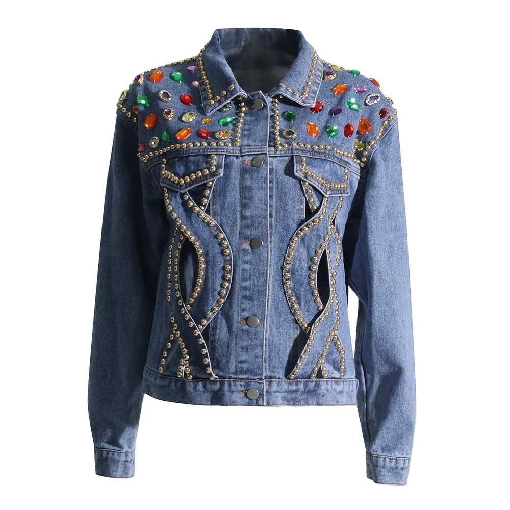 Patchwork Hit Color Diamond  Denim Jackets For Women Lapel Long Sleeve Hollow Out All Season Jacket Female Fashion