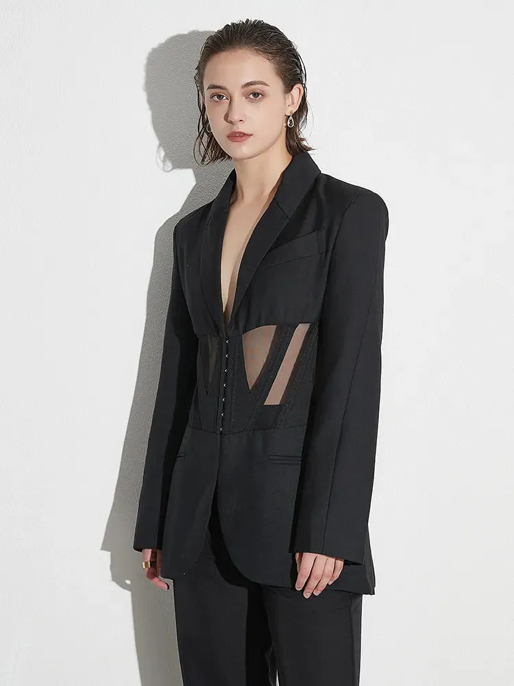 Patchwork Sheer Mesh Sexy Blazers For Women Notched Collar Long Sleeve Spliced Pocket Female Fashion Clothing