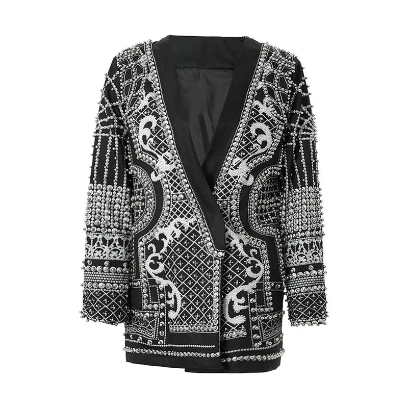 Pearl Embellished Vintage Blazer Coat - Retro Elegance