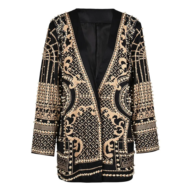 Pearl Embellished Vintage Blazer Coat - Retro Elegance