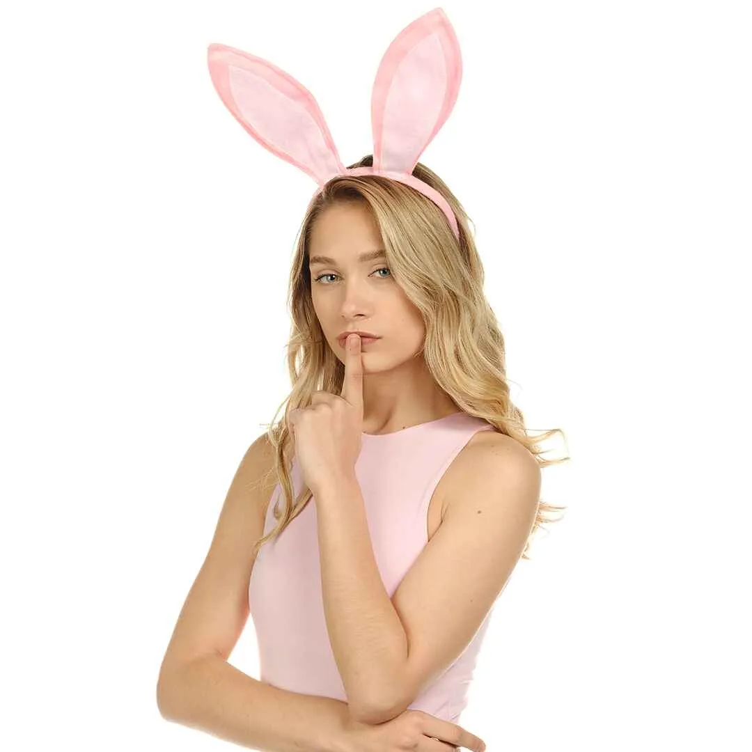 Pink Bunny Ears Headband - Velvet Pink Rabbit Ears (Pink   White) - FUNCREDIBLE