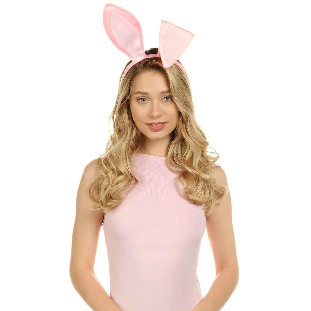 Pink Bunny Ears Headband - Velvet Pink Rabbit Ears (Pink   White) - FUNCREDIBLE