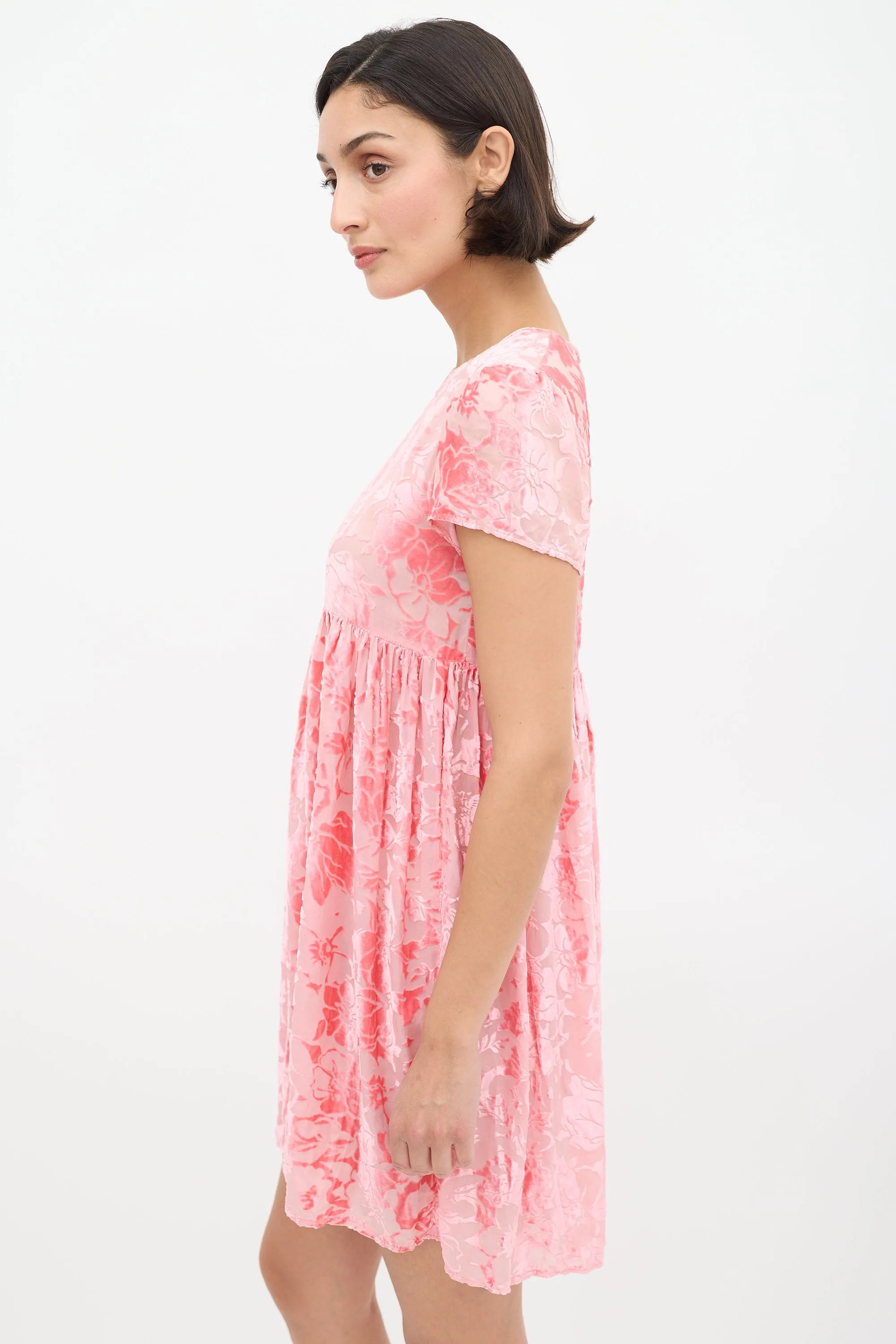 Pink Velvet Floral Semi Sheer Dress