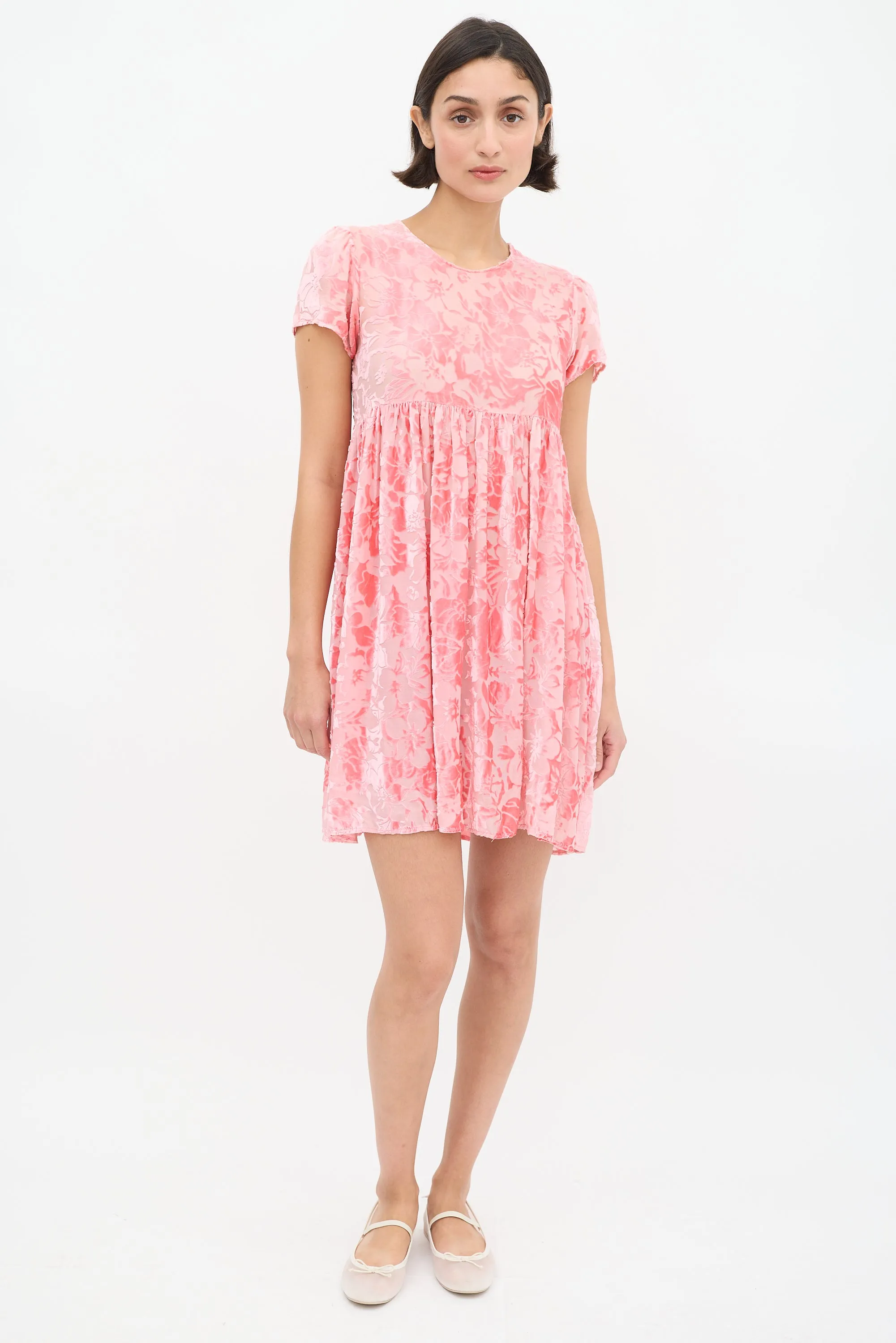 Pink Velvet Floral Semi Sheer Dress