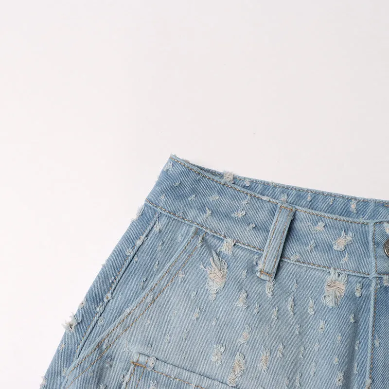 Pre Order:  Blue Ripped Distressed Multi-Pocket High Waist Long Jeans