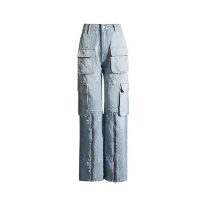 Pre Order:  Blue Ripped Distressed Multi-Pocket High Waist Long Jeans